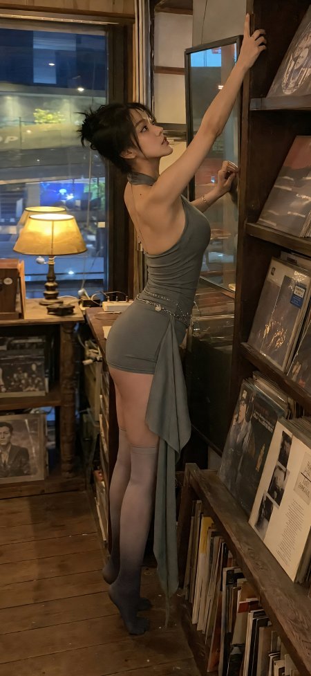 灰裙美女唱片架旁侧身曲线优雅人物摄影手机壁纸