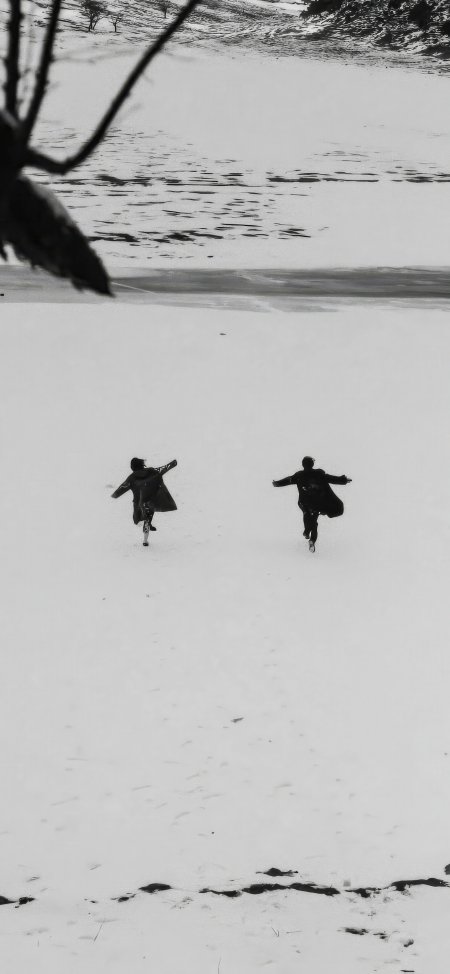 黑白雪地双人奔跑剪影治愈系风景手机壁纸