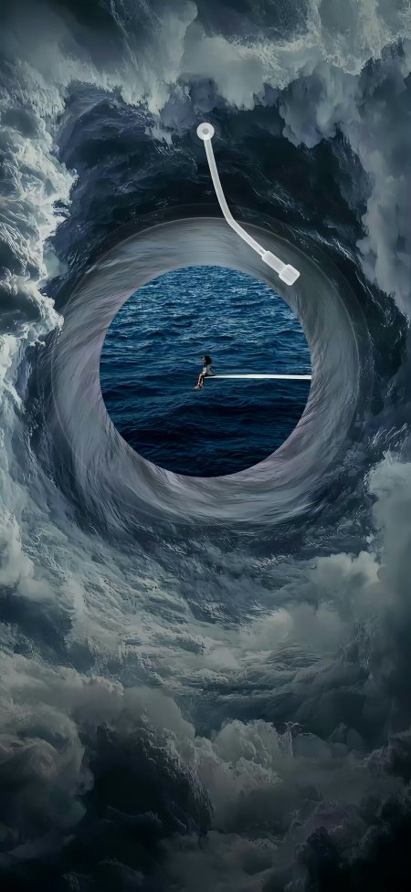 海浪漩涡中人物静坐超现实意境情感文艺手机壁纸