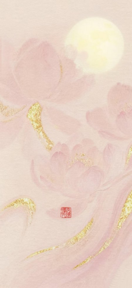 粉色莲花金箔点缀明月高悬新中式禅意艺术手机壁纸
