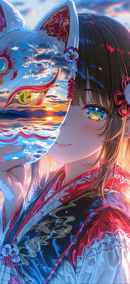 和服少女手持狐狸面具映夕阳唯美日系动漫手机壁纸