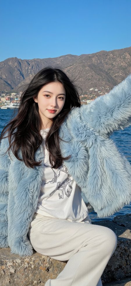 蓝毛绒外套美女海边微笑休闲人物摄影手机壁纸