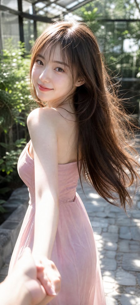 粉裙美女牵手奔跑阳光花园清新治愈系人物摄影手机壁纸