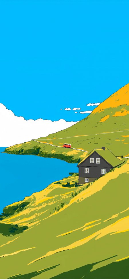 法罗群岛绿坡红车小屋插画风景手机壁纸