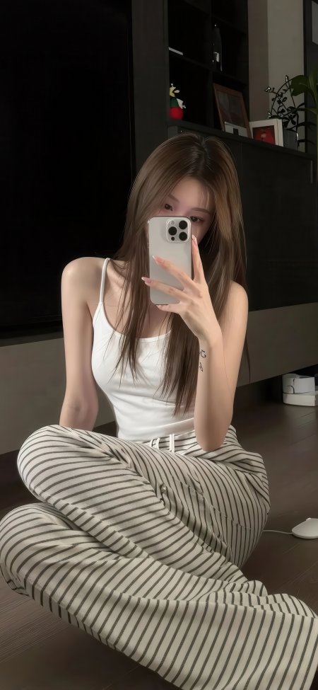 吊带条纹裤美女对镜自拍居家人物摄影手机壁纸