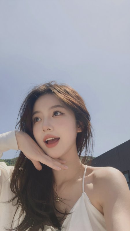 吊带美女托腮仰望蓝天清新户外自拍人物摄影手机壁纸