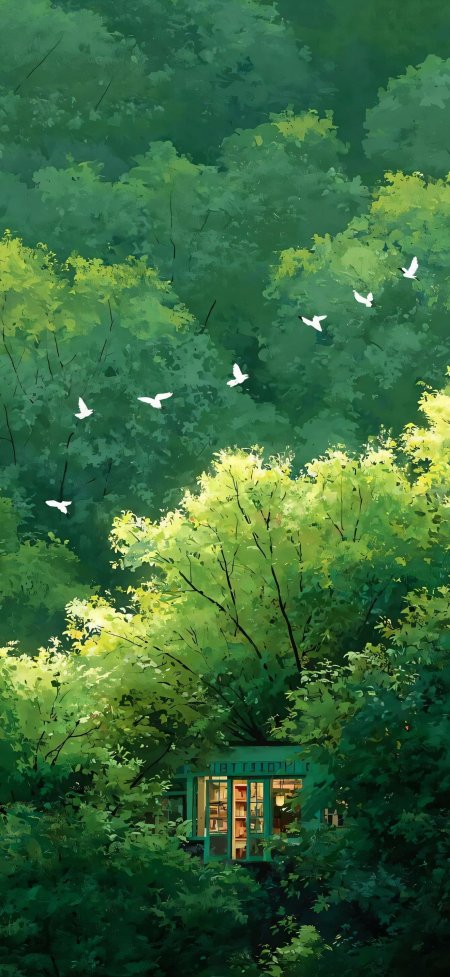 飞鸟掠过翠绿树林小屋唯美动漫风景手机壁纸