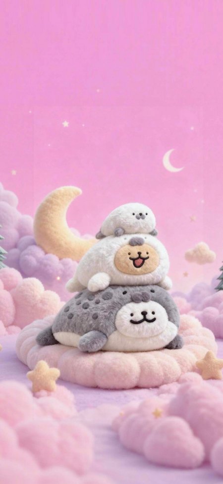 粉色云朵月亮堆叠海豹玩偶梦幻可爱动漫手机壁纸