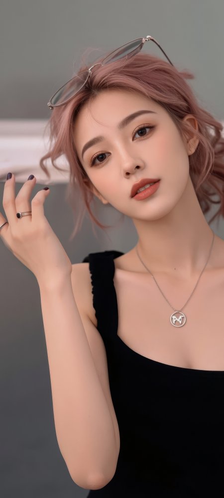 粉发美女戴墨镜黑吊带时尚人物摄影手机壁纸