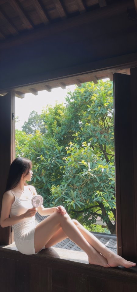 白衣少女坐窗台持扇望绿树清新风手机壁纸