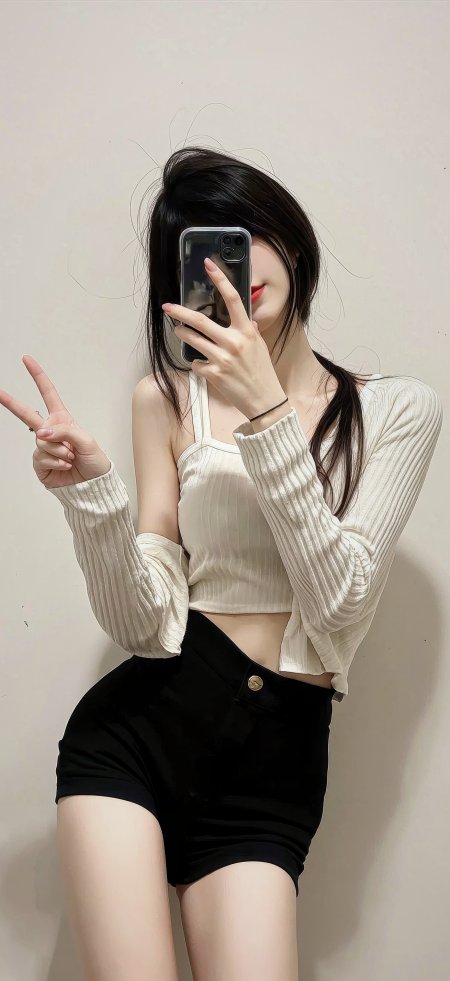 白针织衫美女对镜比耶俏皮居家人物摄影手机壁纸