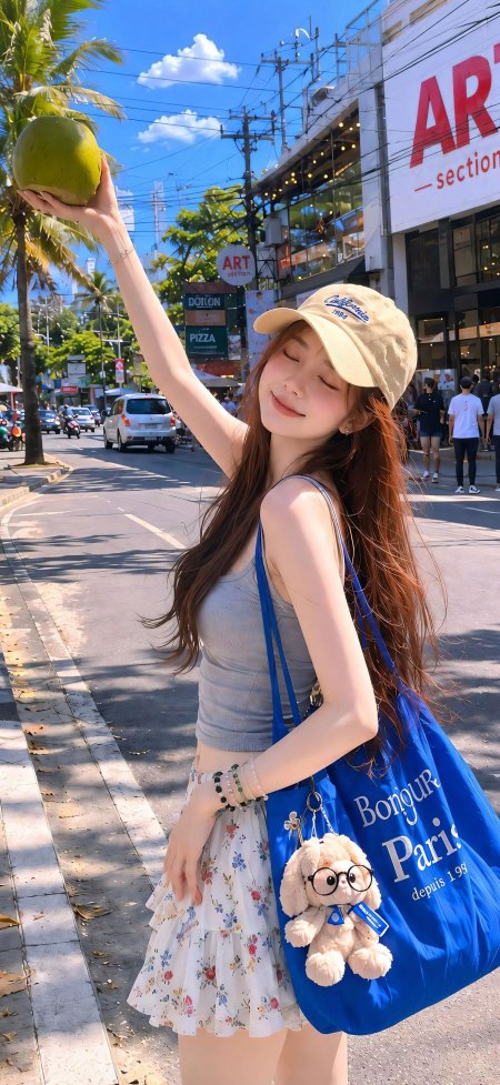 棒球帽碎花裙美女举椰子街头休闲人物摄影手机壁纸
