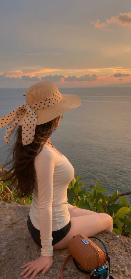 波点帽美女海边日落背影静坐观景自然风光人物摄影手机壁纸