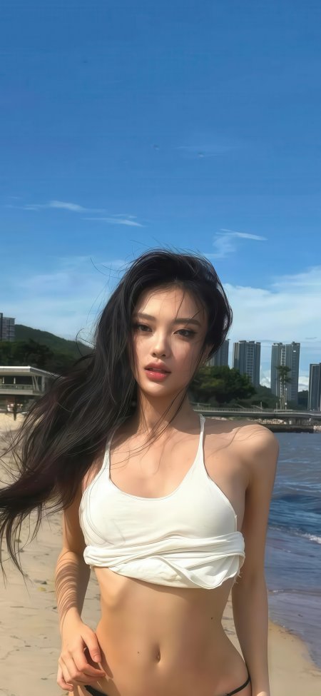 白色比基尼美女海边漫步性感人物摄影手机壁纸