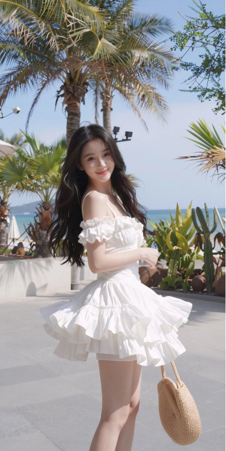 白裙椰林海边微笑美女度假风清新人物手机壁纸