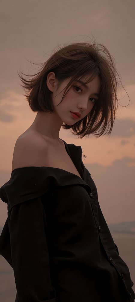 短发美女黑衬衫夕阳唯美人物摄影手机壁纸
