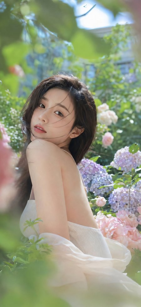 白裙少女绣球花海侧颜温柔梦幻森系人物摄影手机壁纸