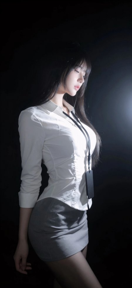 白衬衫灰短裙美女侧身光影时尚人物摄影手机壁纸