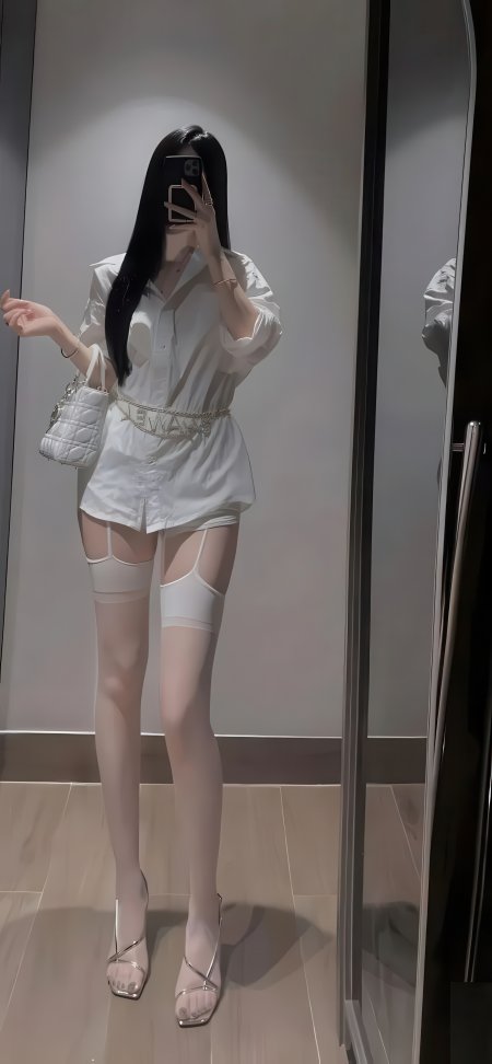 白衬衫黑长直美女对镜自拍时尚人物摄影手机壁纸