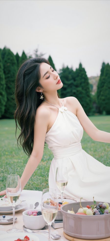 白裙美女户外野餐优雅清新人物摄影手机壁纸