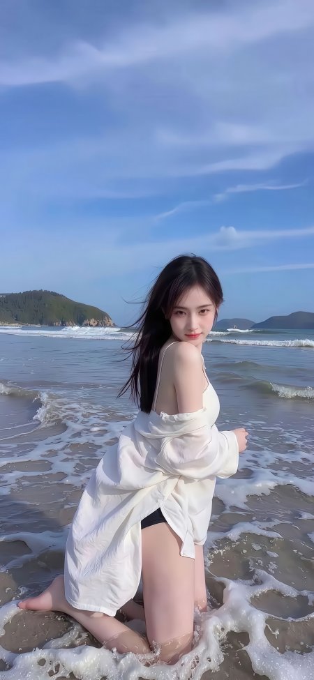 白裙少女海边踏浪清新自然人物摄影手机壁纸