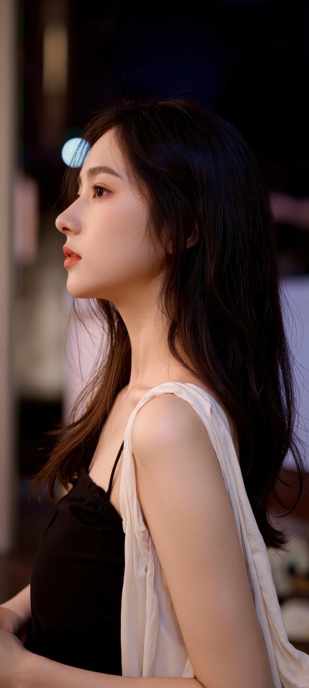 白衣美女侧颜夜景光影温柔人物摄影手机壁纸