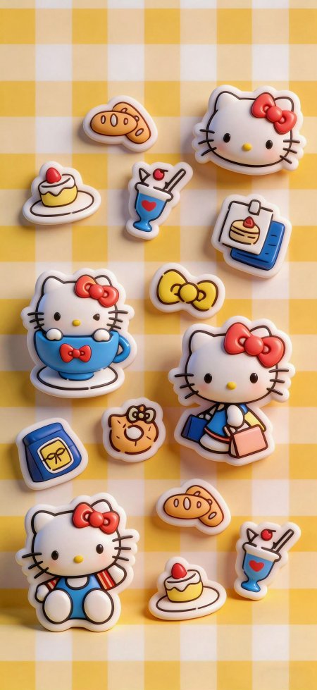 HelloKitty甜品配件黄格纹背景少女心卡通手机壁纸