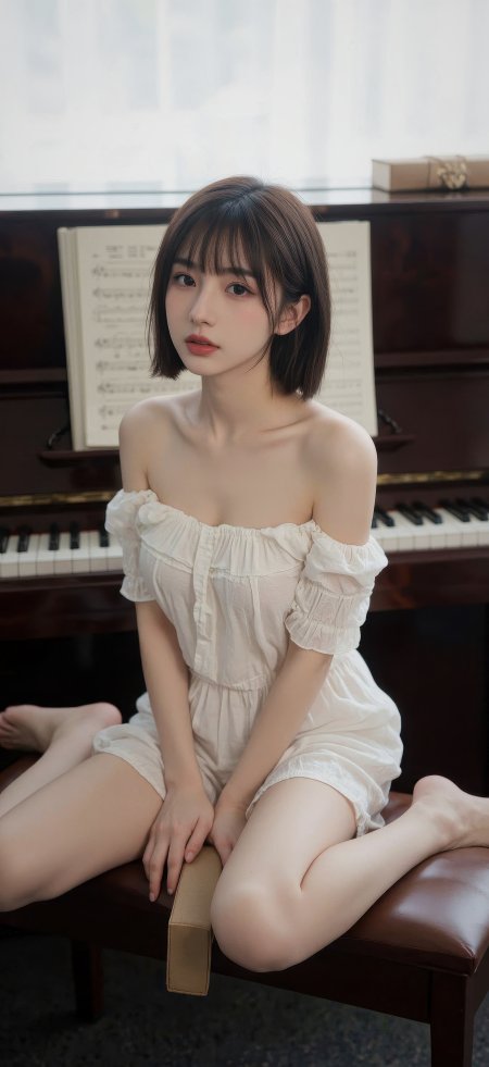 白衣少女钢琴前坐姿优雅文艺人物摄影手机壁纸