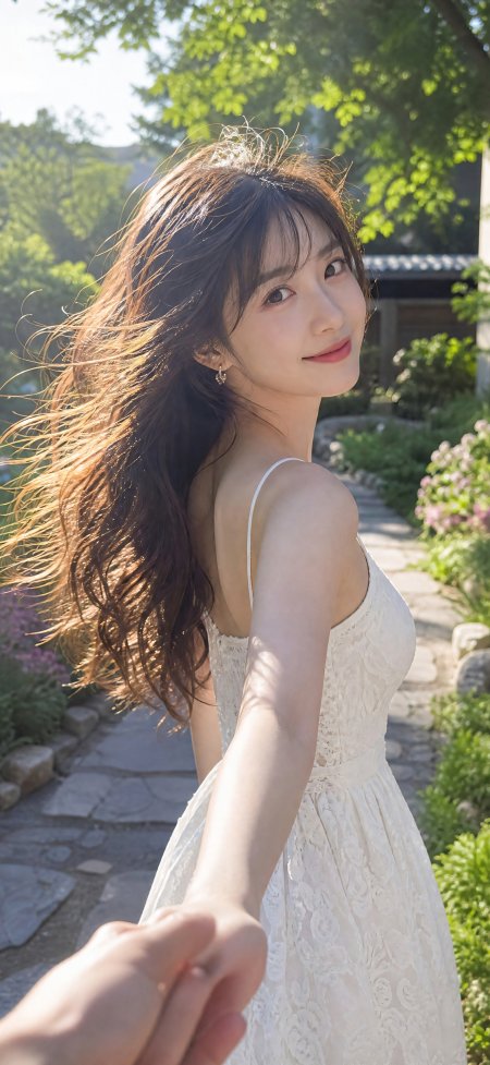 白蕾丝裙少女花园牵手阳光洒落唯美清新人物摄影手机壁纸