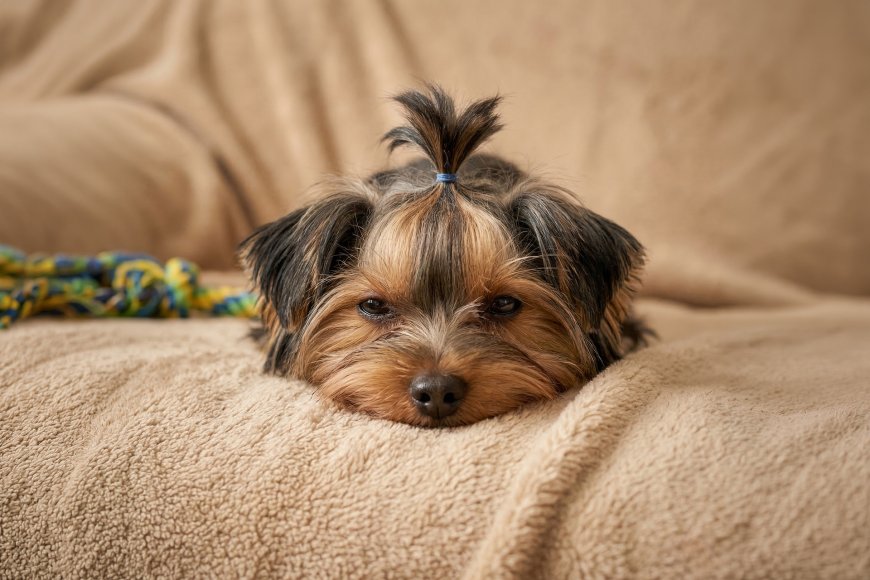 约克夏幼犬扎小辫趴毯子萌态宠物摄影动物电脑壁纸