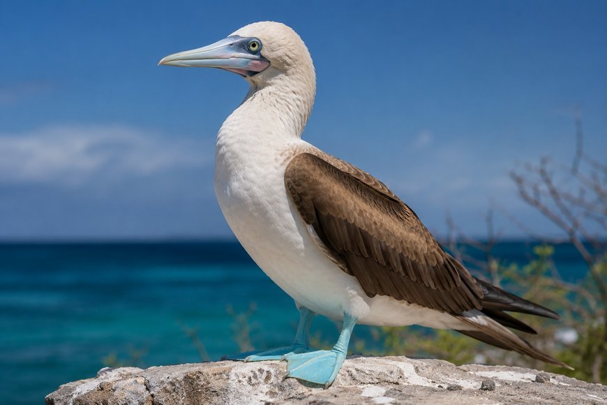 蓝脚鲣鸟站立岩石海边热带海鸟生态摄影动物电脑壁纸