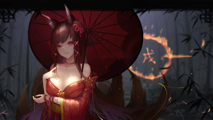 碧蓝航线赤城少女持红伞竹林火焰动漫电脑壁纸