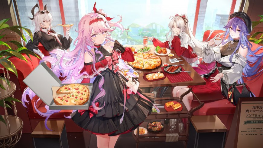 鸣潮达妮娅披萨店聚餐四人围坐欢乐美食少女动漫电脑壁纸