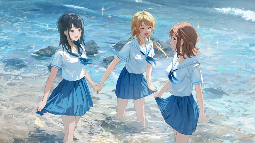 三位水手服少女牵手踏浪海边闪耀星光日系动漫少女电脑壁纸