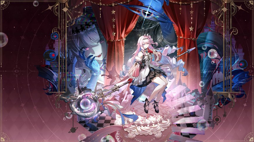 鸣潮达妮娅粉发持杖红幕星空奇幻舞台动漫少女电脑壁纸
