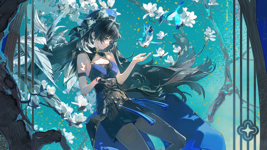 鸣潮秧秧黑发蓝裙抚鸟白花环绕青绿背景动漫少女电脑壁纸