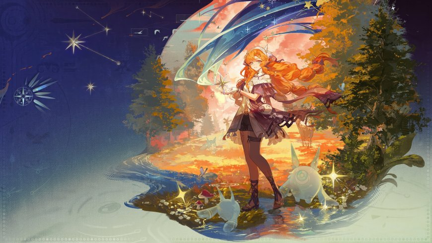 鸣潮橙发少女森林溪流边星光环绕奇幻冒险动漫少女电脑壁纸