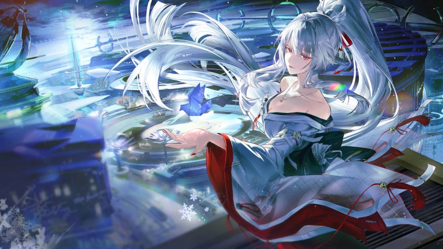鸣潮绯雪白发高马尾科技城邦雪花飘落唯美战斗动漫少女电脑壁纸