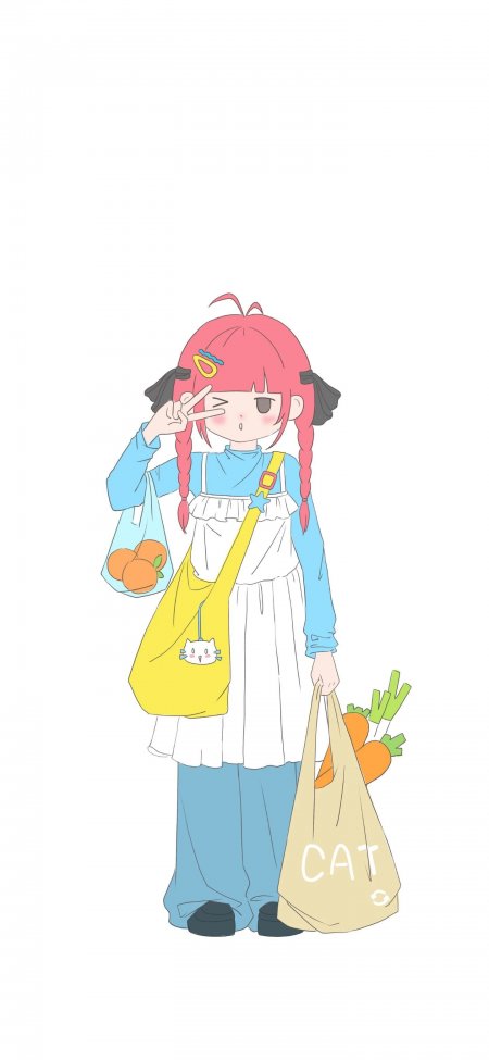粉发双马尾少女手提购物袋可爱日系插画动漫手机壁纸