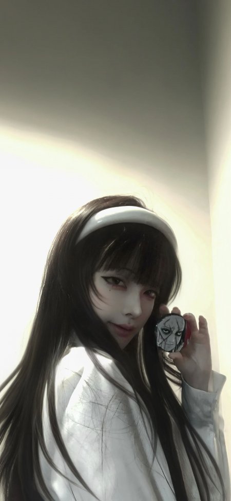 黑发少女手持面具光影神秘暗黑风人物摄影手机壁纸