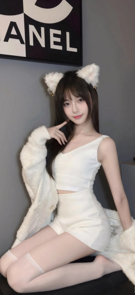 美女戴白色猫耳发饰穿针织套装甜美可爱人物摄影手机壁纸
