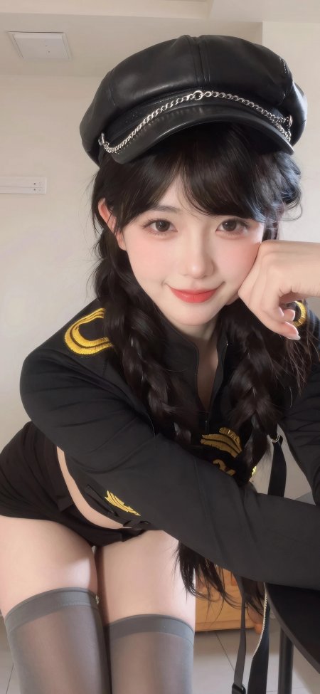 美女戴黑色皮帽穿制服风上衣俏皮托腮人物摄影手机壁纸