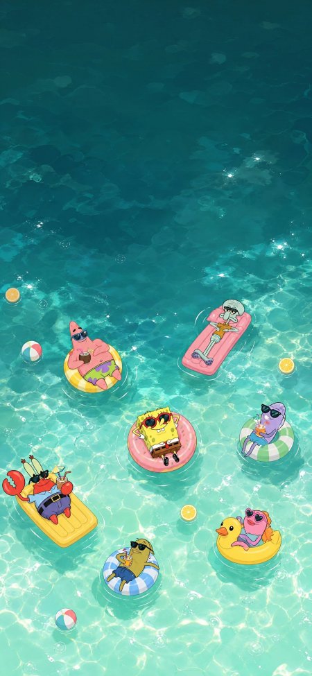 海绵宝宝派大星泳池派对清凉夏日卡通动漫手机壁纸