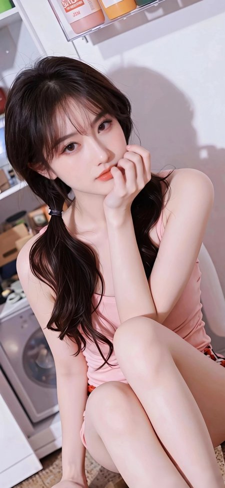美女扎双马尾穿粉色吊带裙室内自拍清纯人物摄影手机壁纸