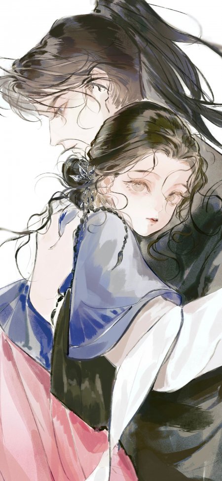 古风男女深情相拥水墨笔触唯美意境插画手机壁纸