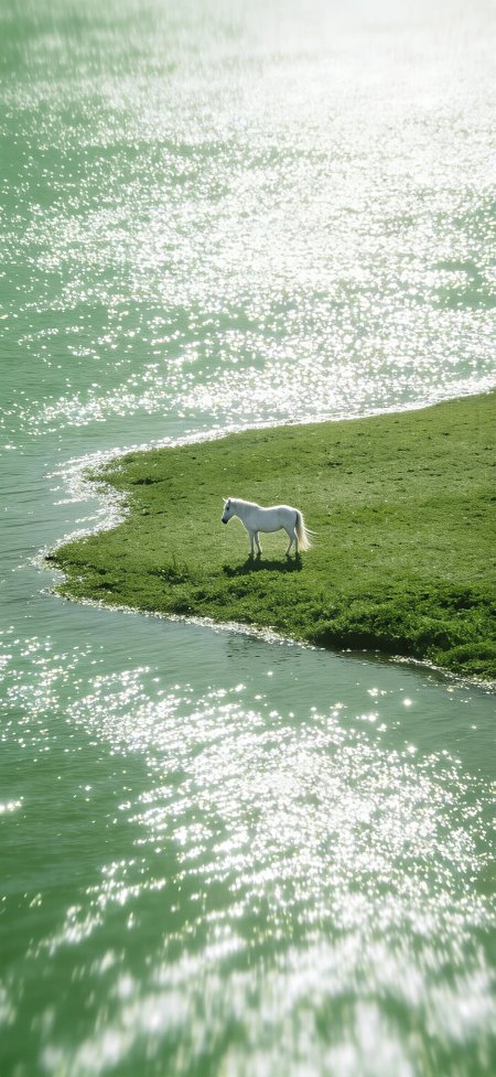 白色小马站在绿岛水边波光粼粼治愈系自然风景手机壁纸