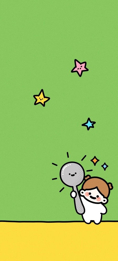 绿色背景小女孩举勺子摘星星童趣治愈系插画手机壁纸