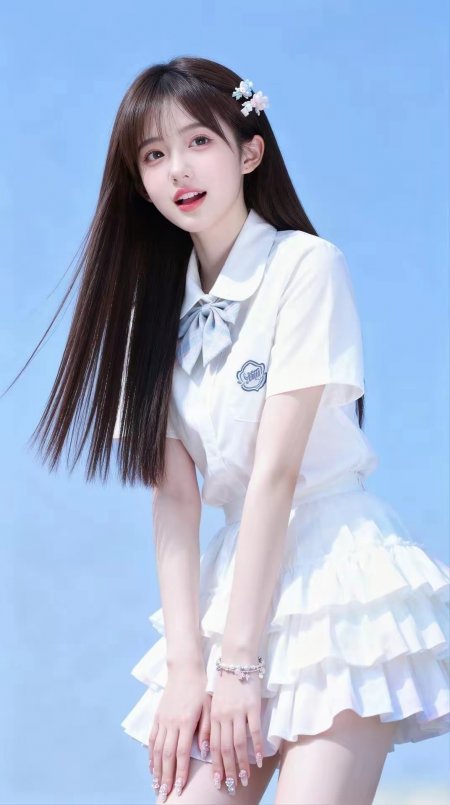 美女白衬衫格纹领结蓝天背景可爱俏皮人物摄影手机壁纸
