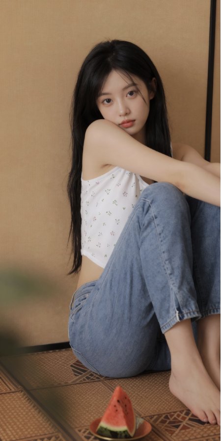 美女碎花吊带牛仔裤榻榻米吃西瓜清新夏日人物手机壁纸