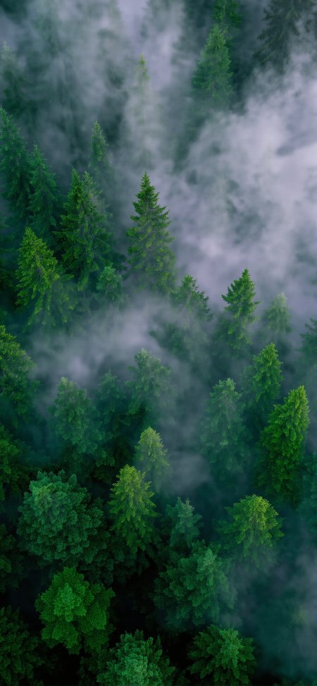 雾气弥漫的针叶林俯瞰视角神秘森林风光风景手机壁纸